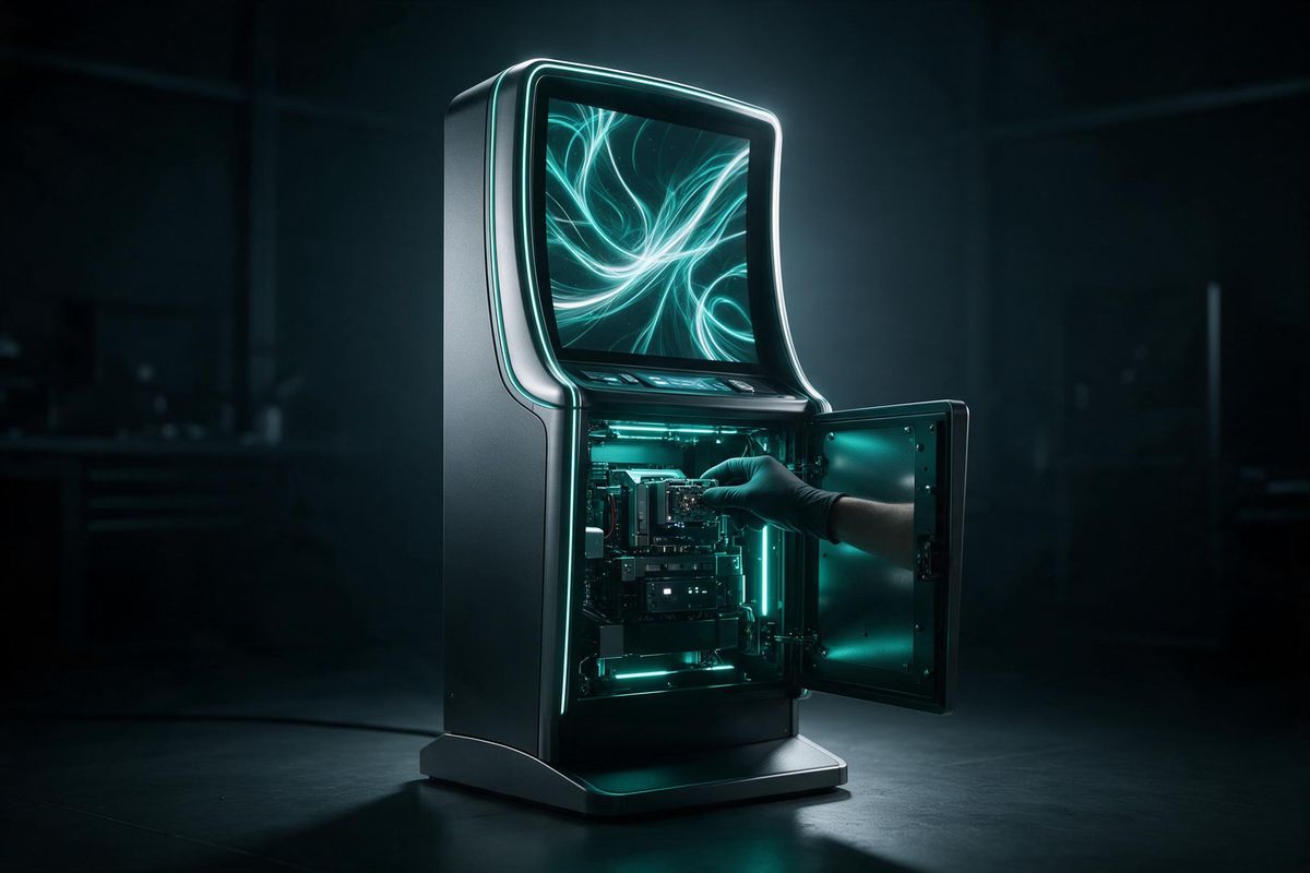 Slot machine cabinet with open service door in an engineering lab