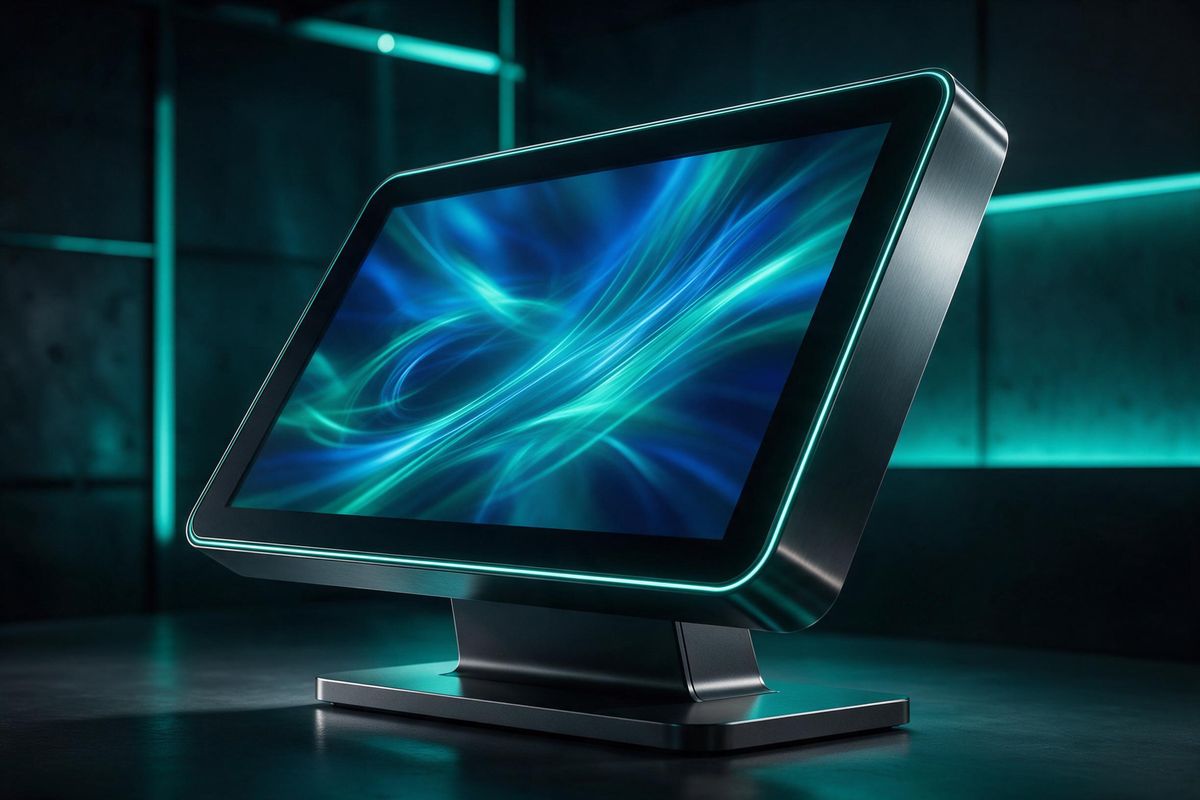 Digital touch terminal with teal edge lighting in a dark showroom